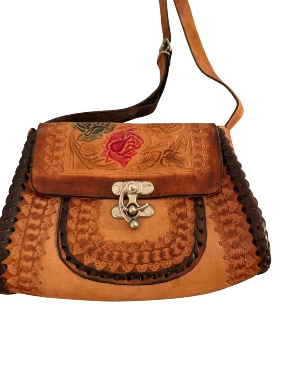 Vintage Womens Hand-tooled Latch Closure Shoulder Bag Brown Floral Leather Boho